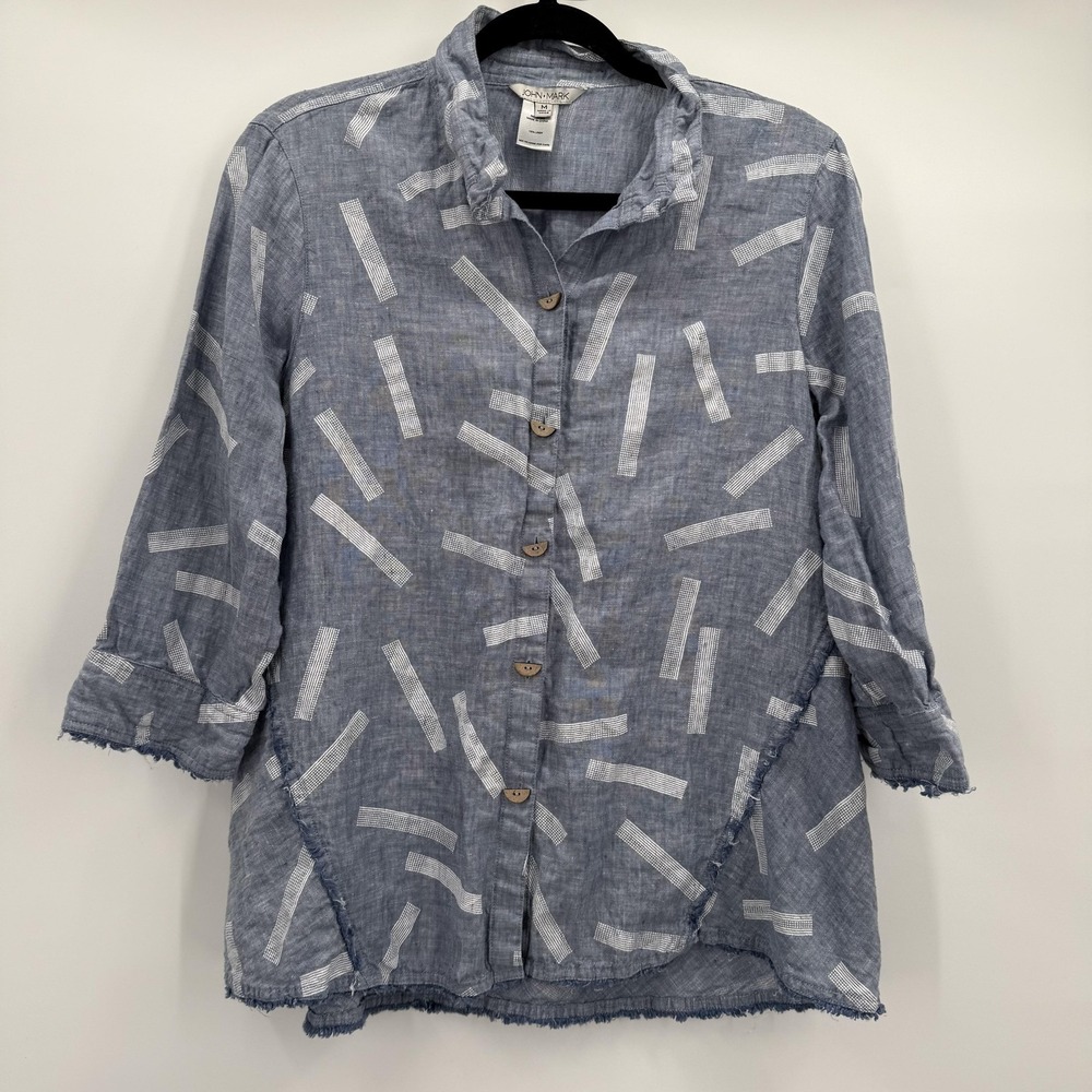 John Mark Shirt Womens Medium Blue Linen Geometric Button Front Tunic Top Fringe